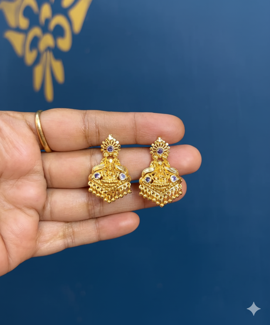 Temple Jewellery Gold Finish Jhumkas with Goddess Lakshmi
