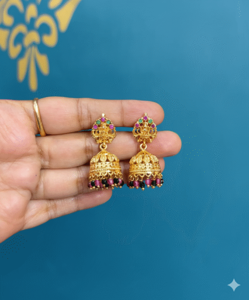 Traditional Lakshmi Devi Jhumka Earrings with Multi-Color Beads